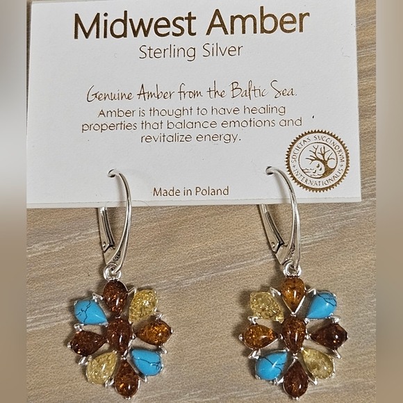MIDWEST AMBER STERLING SILVER GENUINE AMBER BALTIC SEA TURQUOISE FLOWER EARRINGS - Picture 4 of 6